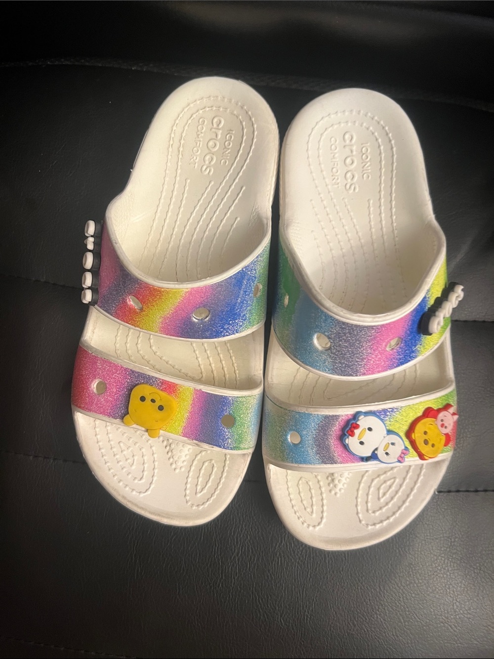 CROCS Kids Rainbow Slide Sandals with Character Charms - White Base